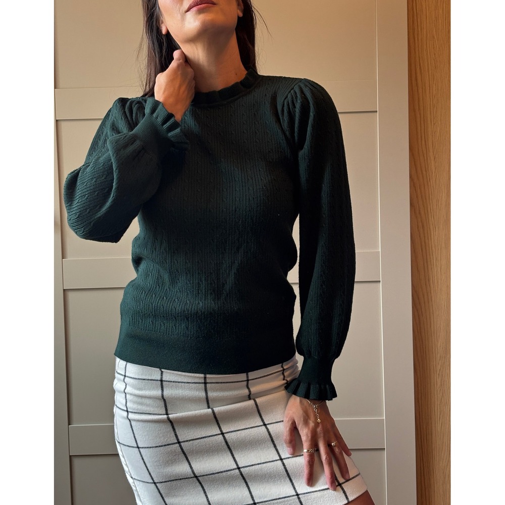 Adrianna Papell Green Cable Knit Ruffle Mock Neck Puff Sleeve Sweater Small